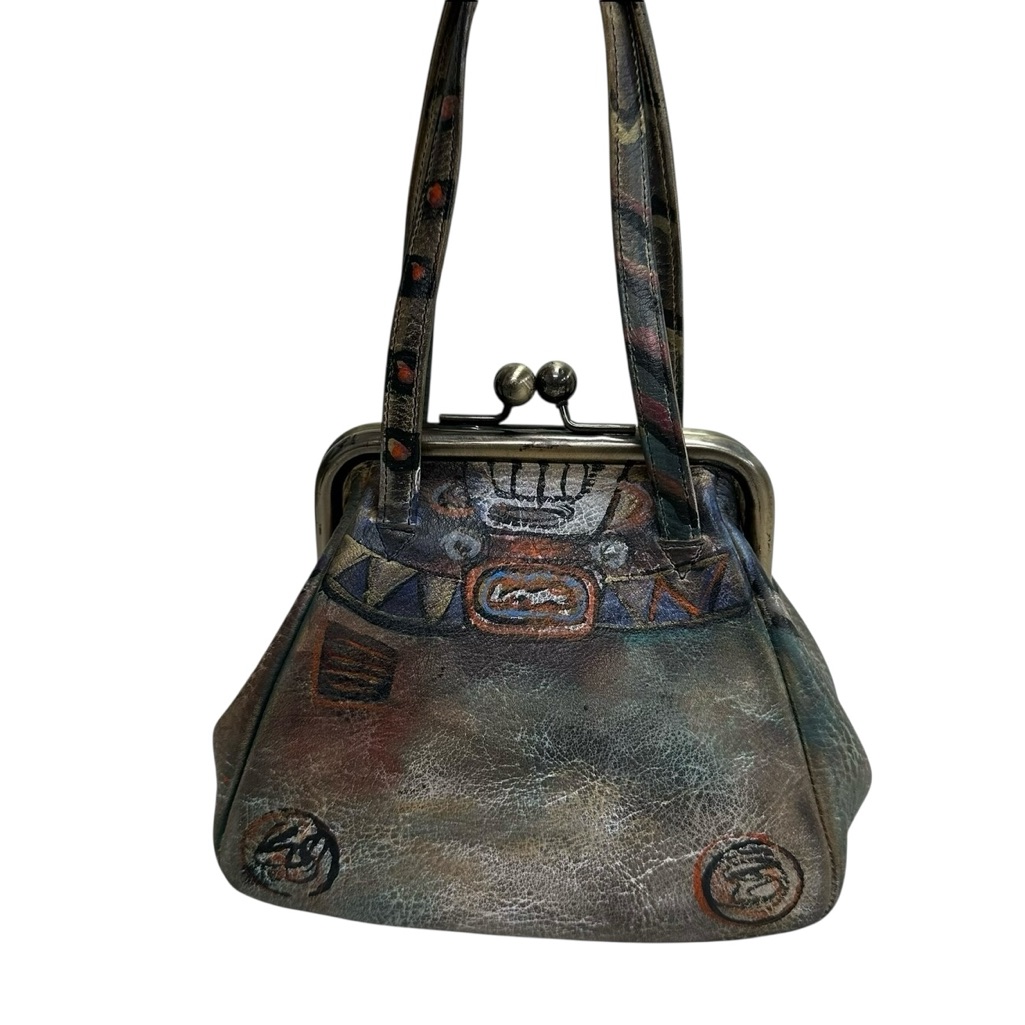 New Jane Yoo Hand Painted Kiss-Lock Leather Shoulder Bag